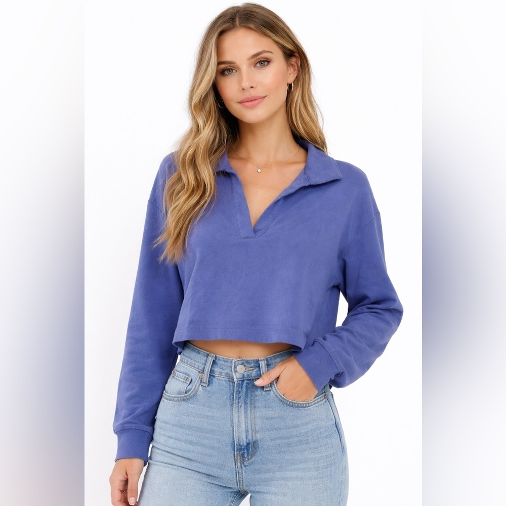 Athleta Periwinkle Blue Cropped Sweatshirt Pullover Long Sleeve Collared Top